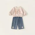 Pink long sleeve sweatshirt with 3D animal prints and blue denim wide-leg pants for girls - Set / Pink And Denim Blue / 80