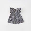 Blue floral summer dress for girls with white flower pattern and ruffle sleeves - Blue / 120