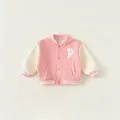 Pink and white color block kids baseball jacket with letter P embroidery and ribbed cuffs - Pink / 80