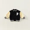 Kids baseball jacket in black and beige contrast color with white P letter patch - Black / 80