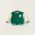 Kids forest green and cream varsity jacket with white letter P patch and ribbed cuffs - Green / 130