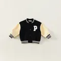 Kids baseball jacket with black and beige contrast sleeves and white letter P patch - Black / 80