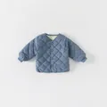 Toddler girl's blue-purple quilted cotton coat with V-neck and rib-cuff sleeves - Blue / 73