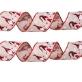 Close-up of linen-textured Christmas ribbons with gnome patterns and red stitched edges - 2m Gnome Ribbon