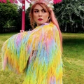 Rainbow gradient macaron tassel jacket for festivals and parties shown in outdoor setting - One Size / Macaron Light Color Jacket
