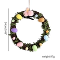 Detail of 24cm Easter rattan wreath with colorful eggs, green leaves and pink plush bunny - Pink