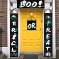 Macro view of Halloween Trick or Treat door banner banners set on a yellow door porch - One Size / Dark Green 4-Piece Combination