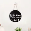 Black wooden Welcome sign for cat lovers featuring feline silhouettes and rope hanger - Welcome Hope You Like CATS Style