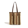 Sac à épaule tendance en PU et paille avec des rayures verticales tricolores bohèmes - Marron