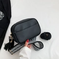 Black pebbled leather square crossbody bag with ethnic patterned wide strap and tassels - Black