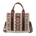 Minimalist canvas tote bag with ethnic geometric pattern and brown leather straps - Beige Geometric Print Style (Style 1)