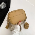 Camel litchi grain shoulder bag with wide geometric strap and fringe charm - Khaki
