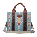 Sky blue ethnic canvas tote with tribal geometric patterns and brown leather handles - Sky Blue Tribal Pattern Style (Style 4)