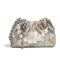 Elegant light blue and gold jacquard crossbody bag with pearl strap and metal chain - Blue