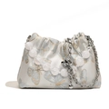 Elegant white silk crossbody bag with golden butterfly embroidery and pearl chain - White