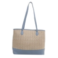 Sac fourre-tout en paille tressée beige avec finitions en cuir bleu clair - Bleu