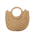 Halbkreisförmige Strohhandtasche in Naturholzfarbe mit integriertem Rundgriff - Klein / Khaki
