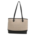 Grand sac cabas tissé blanc crème avec des lanières et une base en cuir noir - Noir