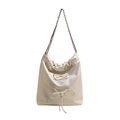 Minimalistische beige PU-Leder Hobo-Tasche mit Kordelzug-Schleife und silberner Kette - Perlweiß
