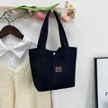 Grand sac cabas en denim avec écusson brodé rouge et bouton en métal pour le quotidien - Style 2 Noir