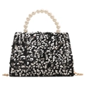 Sparkly silver sequin handbag with elegant pearl handle and metal chain strap - Sequin Black