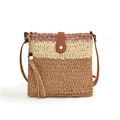 Sac bandoulière chic en paille tressée tricolore avec lanière en cuir et gland - Kaki