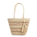 Fashionable straw shoulder tote bag with bohemian geometric patterns and tassel detail - Off-white