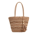 Chic tan woven straw tote bag with elegant tassel detail for summer fashion look - Khaki