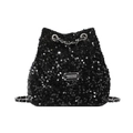 Secchiello alla moda con paillettes nere, tracolla a catena e targhetta in metallo - Nero