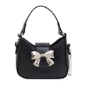Minimalist black PU leather handbag with metallic silver bow decoration and chain strap - Black