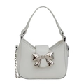 Chic white PU leather handbag featuring a large silver metal bow and chain strap - White