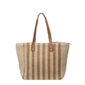 Sac fourre-tout en paille tressée avec poignées en cuir marron et rayures - Khaki