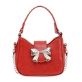 Red PU leather handbag with metallic silver bow detail and delicate chain strap - Red