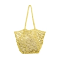 Yellow hand-woven hollow mesh tote bag with beige canvas liner and braided shoulder straps - Yellow