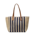 Sac fourre-tout en paille à rayures verticales crème et bleu marine avec anses cuir - Bleu