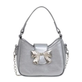 Metallic silver PU leather handbag featuring a large silver metal bow accent - Silver
