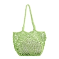 Handwoven grass green mesh tote bag with minimalist beige drawstring liner for summer - Green