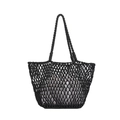 Minimalist black woven tote bag featuring a silver-grey drawstring lining and braided handle - Black