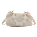 Chic cream white ruched cloud bag with large pearl bead handle and gold hardware - White