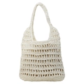 Handcrafted cream crochet straw tote bag with khaki lining and woven mesh texture - White
