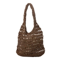 Brown woven straw tote bag with cutout mesh pattern and beige inner lining pouch - Brown