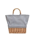 Borsa tote in tela a righe blu e bianche con base e manici in paglia intrecciata - Blu Verticale