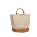 Borsa tote minimalista in paglia con parte superiore in tela beige e fondo in vimini - Beige