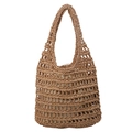 Brown woven straw tote bag with cutout design and cream drawstring inner pouch - Khaki