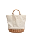 Elegante borsa in paglia intrecciata con inserto in tela e manici rotondi stile resort - Bianco