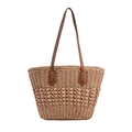Bolso capazo de paja tejida con asas de cuero PU marrón de diseño minimalista casual - Caqui