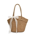 Stroh-Stofftasche für Damen mit weißer Spitzenschleife und Stickerei-Details - Khaki