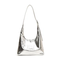 Metallisch silberne PU-Leder Hobo-Tasche mit geprägtem Schriftzug und Schulterriemen - Silber