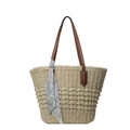 Handgefertigte Stroh-Tasche mit Seidenschal-Dekor und braunen Lederriemen für Damen - Beige Mit Schal