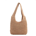 Borsa a spalla hobo minimalista in paglia intrecciata con tracolla larga da donna - Cachi